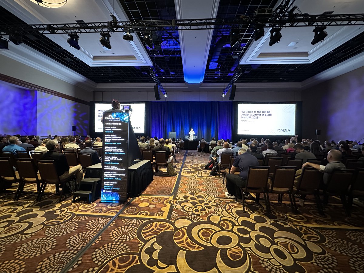 OmdiaHQ's tweet photo. Maxine Holt has officially opened the #OmdiaAnalystSummit at #BlackHatUSA 2023 at the Mandalay Bay, #LasVegas to a packed audience! The summit is running till 5.30pm at Level 2, Oceanside D today.  #BHUSA #cyber https://t.co/JB4ihaNGYB