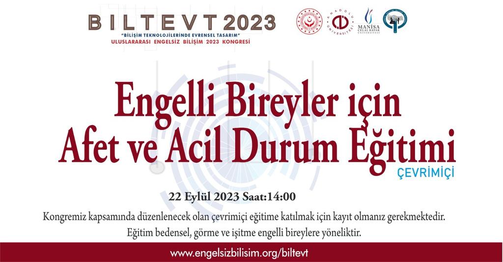 Engelli Bireyler İçin Afet ve Acil Durum Eğitimi (Çevrimiçi)
engelsizbilisim.org/biltevt/engell… <a href="/EngelsizBilisim/">Engelsiz Bilişim</a>

#BİLTEVT2023 Uluslararası Engelsiz Bilişim Kongresi kapsamında, Eskişehir AFAD ve Anadolu Üniversitesi işbirliğiyle çevrimiçi gerçekleşecek olan eğitim programının amacı