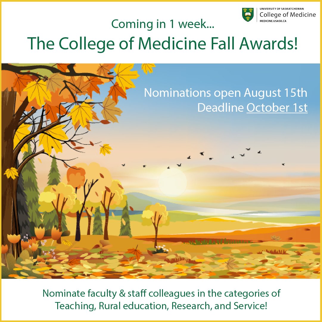 Do you know someone who has made significant contributions within the #USask College of Medicine? Nominations for the @USaskMedDean CoM Fall Awards opens in 1 week (Aug 15)!! Learn more about the categories &amp; criteria: medicine.usask.ca/awards.php#CoM…
#USaskMedicine