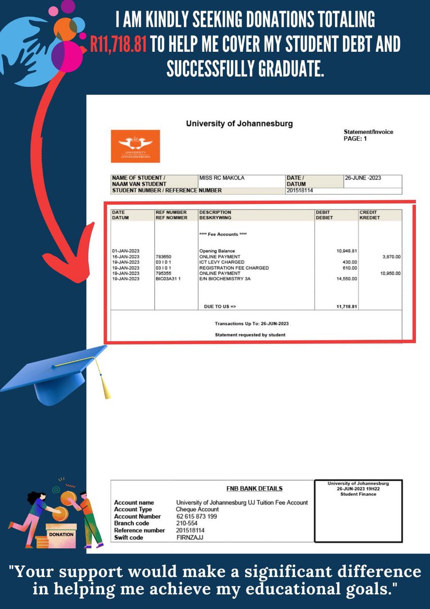 fosterndou's tweet photo. @podcastwithmacg The 10,000 is going to be so helpful to my wife who is owing UJ for her school fees… She’s owing UJ R11718.81.

We have been trying to get some help but up a so far we having been lucky https://t.co/NfOiuTcacM