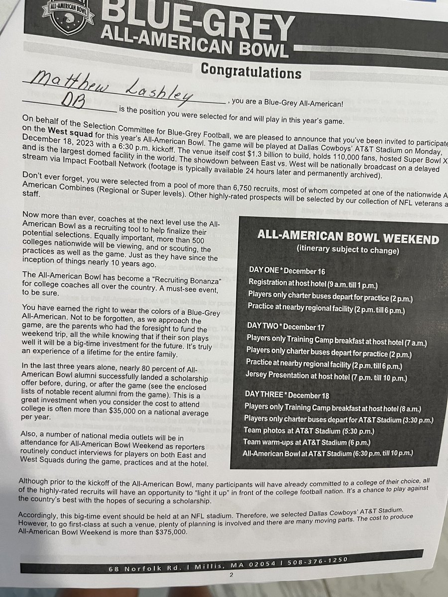Matthew Lashley (@matthewlashley_) on Twitter photo Thank you <a href="/BlueGreyFB/">Blue-Grey All-American Bowl</a> for the invitation to the All-American Bowl! What an honor!
<a href="/GinoSatriana/">Gino Satriana</a> <a href="/PrepRedzoneNM/">Prep Redzone New Mexico</a> <a href="/LCHSFOOTBALL/">Bulldawg Football</a> <a href="/mjlopezdawgs/">Mark Lopez</a> Thank you <a href="/BlueGreyFB/">Blue-Grey All-American Bowl</a> for the invitation to the All-American Bowl! What an honor!
<a href="/GinoSatriana/">Gino Satriana</a> <a href="/PrepRedzoneNM/">Prep Redzone New Mexico</a> <a href="/LCHSFOOTBALL/">Bulldawg Football</a> <a href="/mjlopezdawgs/">Mark Lopez</a>