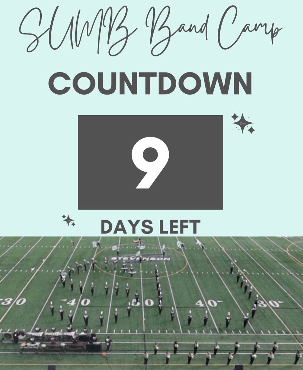 We are 9 DAYS AWAY from Band Camp 2023! Make sure you are resting your feet and drinking lots of water to prepare! We can’t wait to see all of our Marching Mustangs! #bandcamp2023 #stevensonuniversitymarchingband #stevensonuniversity #sumb