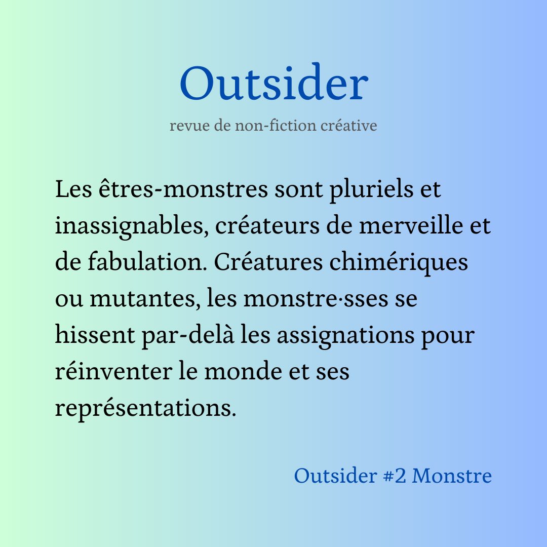 OutsiderRevue's tweet photo. 🌱 Au cours du processus de (re)création, le penser-monstre prend le dessus.

🪹 Comme un manifeste, il nous enjoint à explorer le liminal, la métamorphose.

> L’avis de recherche est ouvert jusqu’au 25 septembre 2023 < https://t.co/0dFYthrcaU