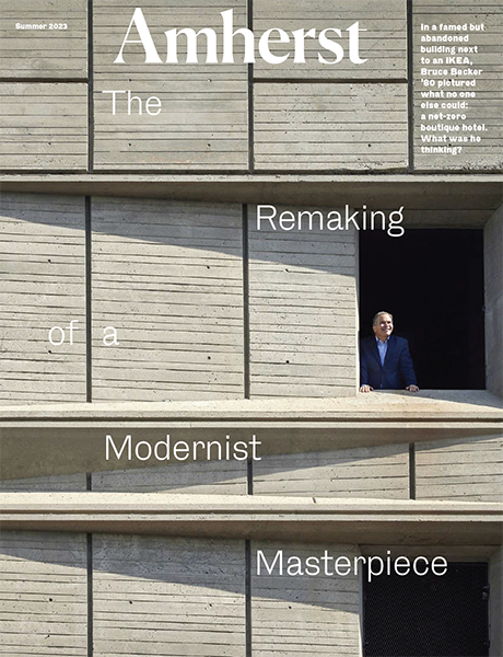 AmherstCollege's tweet photo. The summer 2023 issue of the #AmherstMagazine is out!
Read about how Bruce Becker '80 turned a brutalist building into an energy-efficient boutique hotel, a profile of recent graduate Haoran Tong '23, and more. https://t.co/uWEXvaL3wi https://t.co/BItNO1Va9D