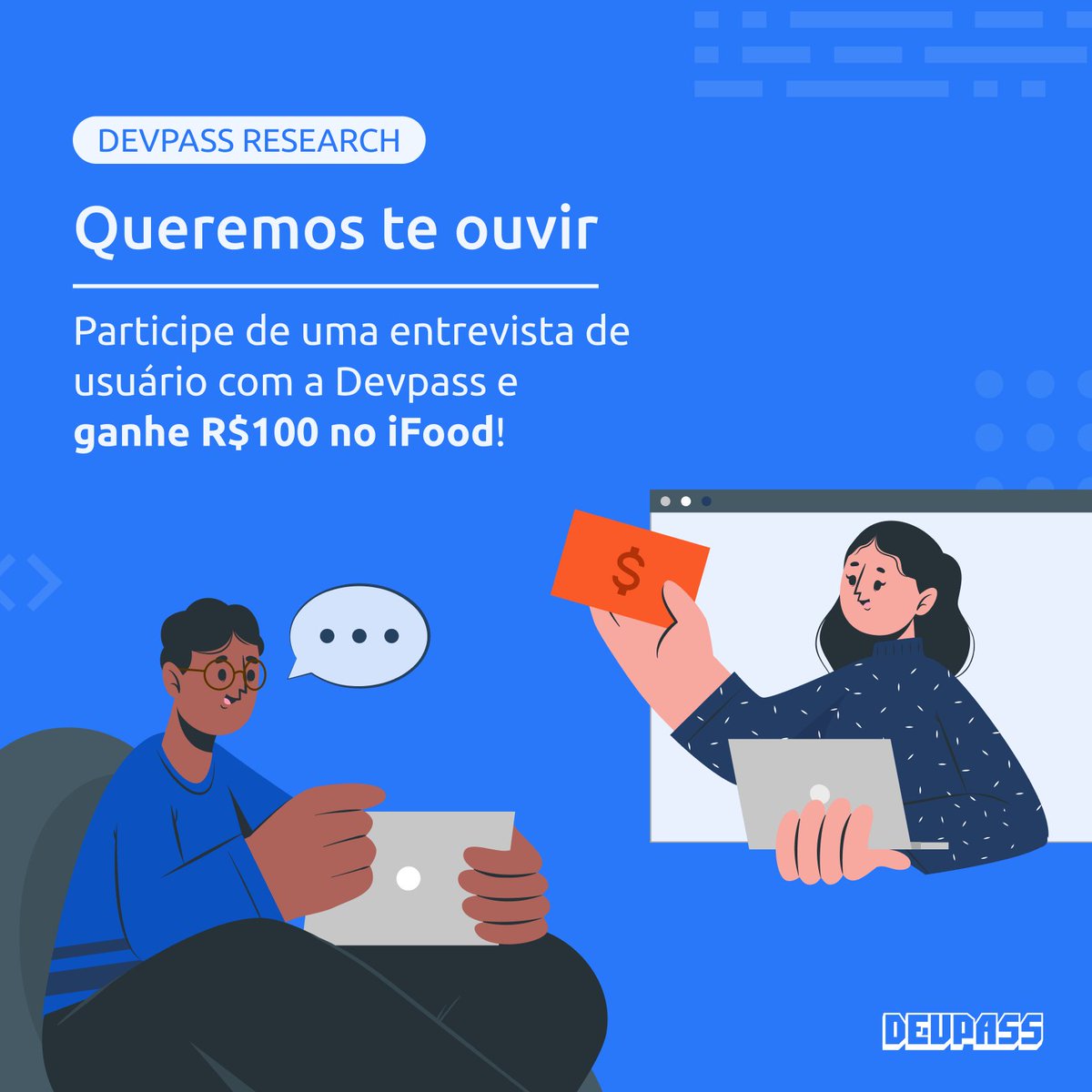 devpasstech's tweet image. 🇧🇷 Ganhe R$100 no iFood nos ajudando a melhorar nosso produto 🎁

Estamos buscando Devs Sênior, Tech Leads e Gerentes de Engenharia interessados(as) em participar de uma entrevista de usuário com nossa equipe de produto. Ela durará 30min e no final você ganhará um cupom de R$100…