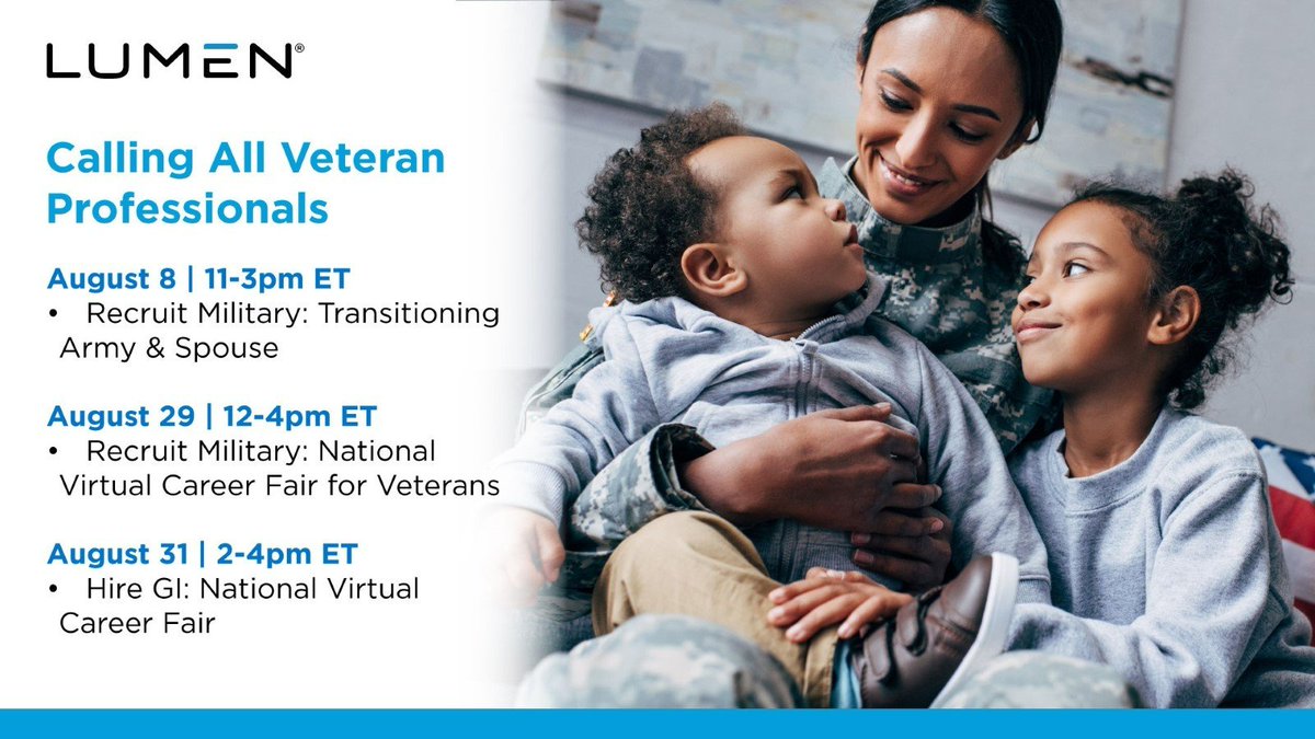 .@LumenTechCo is hiring veteran professionals! Join our team at one of these upcoming virtual hiring events to learn how we can help you transition from your military career to your second career: #BeYouAtLumen  bit.ly/3Kx5IGW