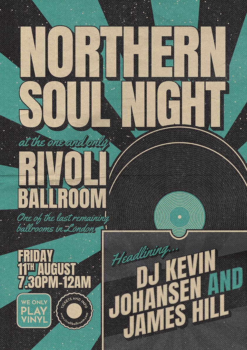 RivoliBallroom's tweet photo. This Friday, Northern Soul is back at the Rivoli. Headling DJ’s Kevin Johansen and James Hill playing only original vinyl. Tickets and info https://t.co/qLlEm2nSTF https://t.co/EbGs13rXXb
