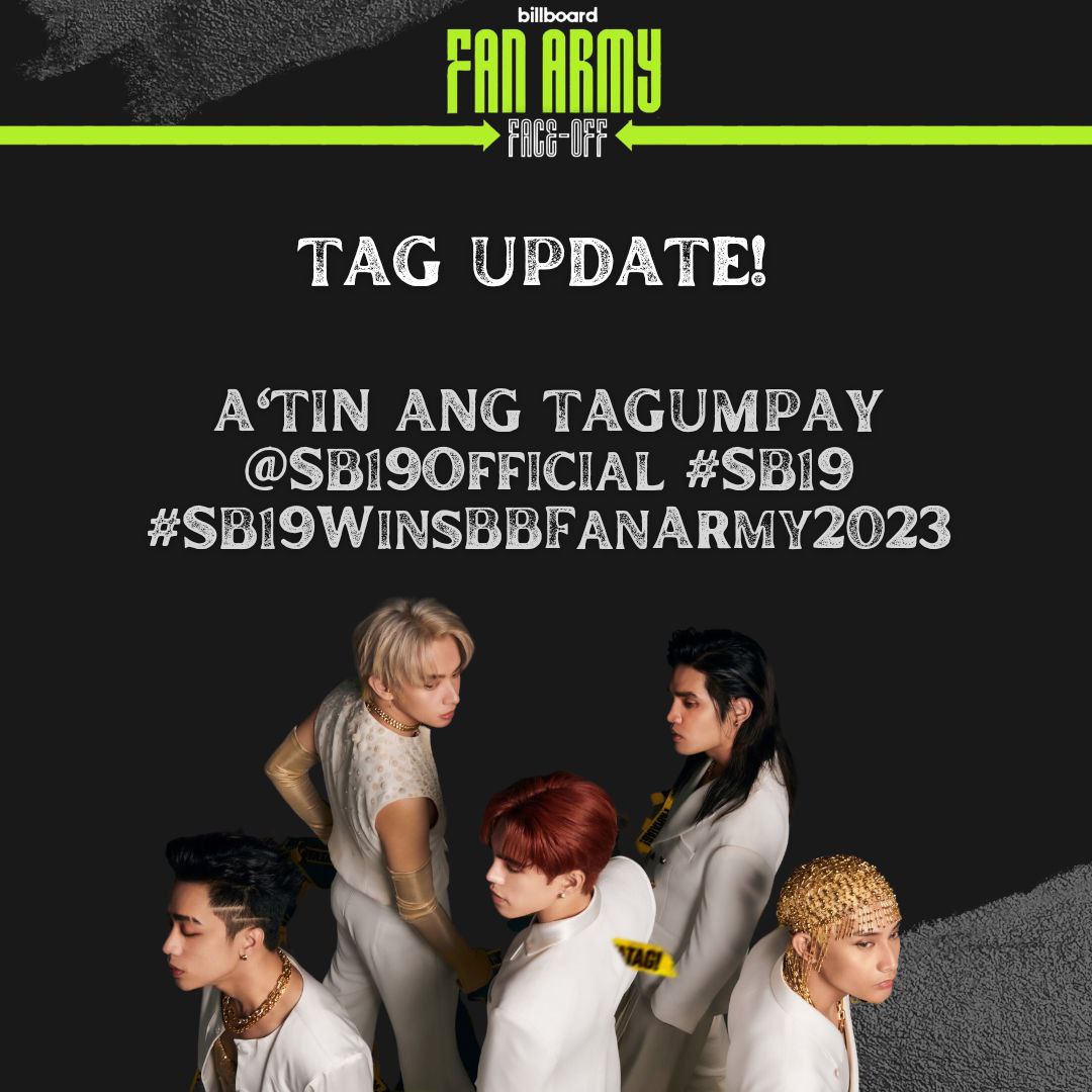 [ TAG UPDATE ]

SB19 WINS @billboard's #BBFanArmy2023!

Thank you and congratulations to everyone who participated that made this achievement possible! 💙

Indeed, anything is possible with SB19xA'TIN!

UPDATED TAGS:
A'TIN ANG TAGUMPAY
@SB19Official #SB19
#SB19WinsBBFanArmy2023