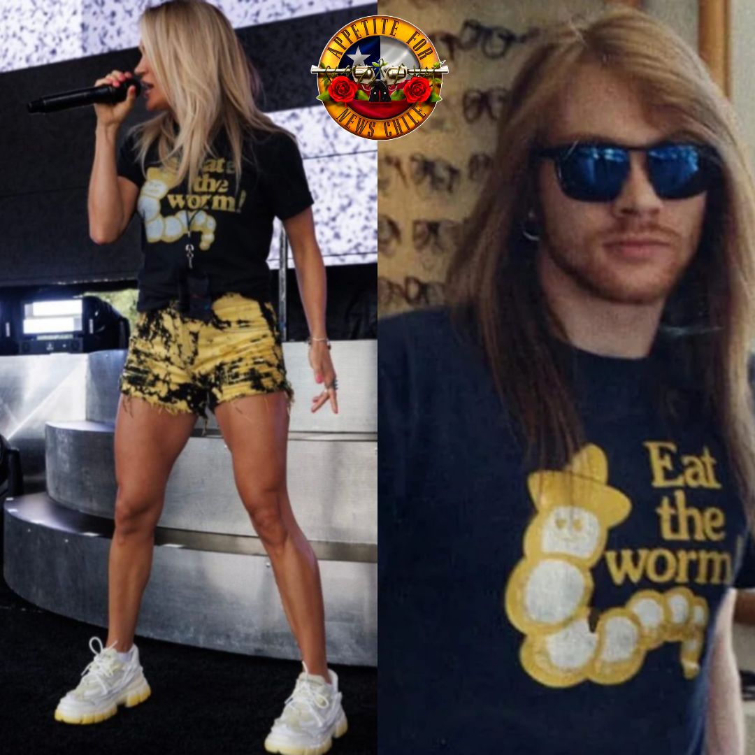 AFNChile's tweet photo. VIRAL DE LA SEMANA.
A la izquierda, Carrie en su ensayo previo al show del Sábado pasado; a la derecha, Axl en aquellos tiempos... Ambos con la misma polera "Cómete el gusano"... Mmm... https://t.co/NlK9xuAsS6
