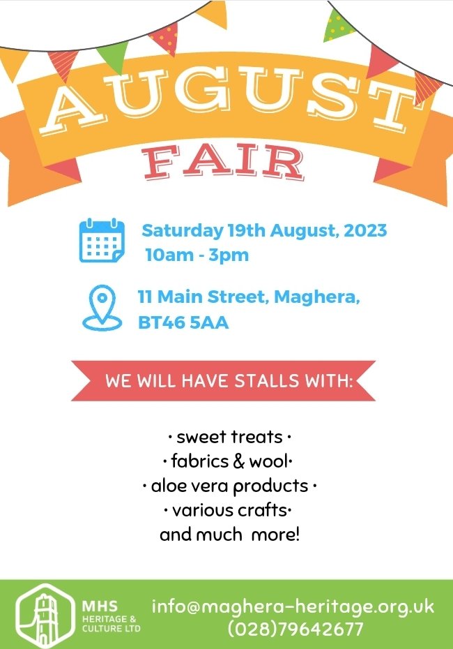 Reminder of our upcoming Shop Local Fair on Saturday 19th August from 10 am to 3pm.
We have a few stalls still available for this months fair. If you are interested please call 028 79642677.