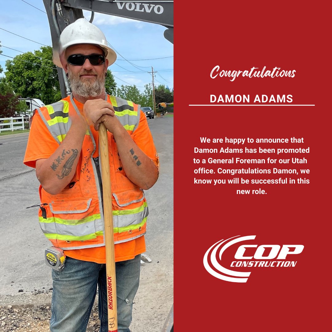 COPConstrLLC's tweet photo. Congratulations Damon! 

#WeAreCOP #COPfamily #COPlife #letsbuildamericatogether #constructioncareers #careersinconstruction #nowhiring #utahjobs #montanajobs #heavyequipmentoperators #truckdrivers #skilledlaborers #constructionlaborers #engineers https://t.co/MweEEarukA