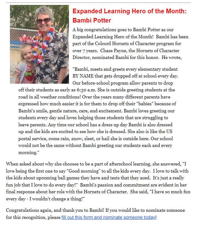 CONGRATULATIONS!!!! What an AMAZING tribute to an AMAZING person!!! Bambi was highlighted as the Expanded Learning Hero of the month!!!