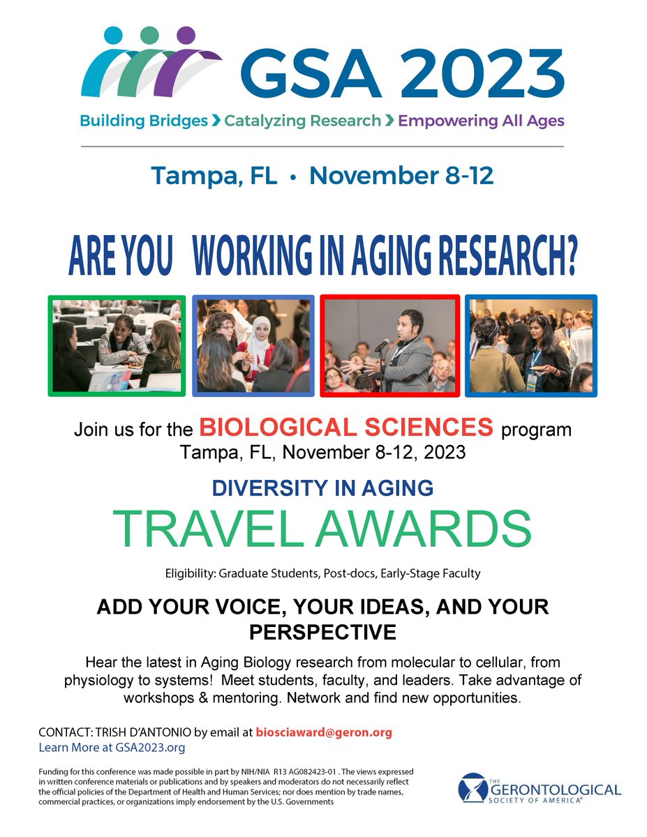 geronsociety's tweet photo. GSA's Biological Sciences Diversity in Aging Travel Awards support graduate students, post-docs, and early-stage faculty interested in attending the Annual Scientific Meeting Biological Sciences Program. Apply by Thursday, August 24. https://t.co/hol9Mm4LWV https://t.co/Yt6CcGtjhR