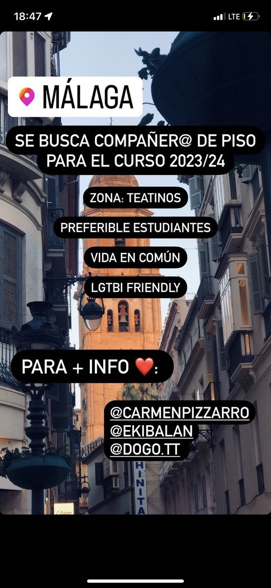 Buscamos compañer@ de piso en Málaga🌅
📍Teatinos (Ciudad de la justicia)
💲Asequible 
🏳️‍🌈Friendly
📚Preferiblemente Estudiante