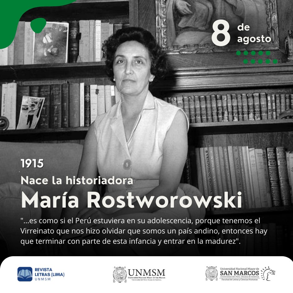 ▶️📚#Hoy se conmemora el nacimiento de la historiadora María Rostworowski. Viajó por Perú desentrañando las raíces de la cultura andina y prehispánica.
👏Fue fundadora del Instituto de Estudios Peruanos (1964) junto a Julio Cotler y José Matos Mar.
#Efemérides #MaríaRostworowski