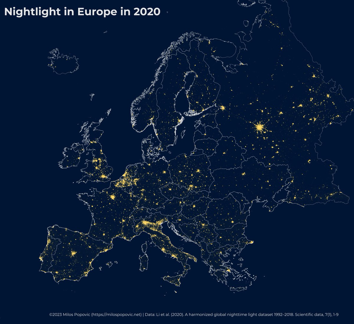 My new map shows the nightlight in Europe based on satellite imagery. By analyzing the changes in nightlight over time, we can learn about the trends and challenges that affect Europe’s society, economy, and environment.  Made in R with #ggplot2