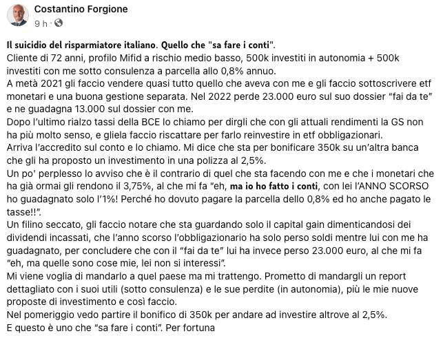 Phastidio's tweet photo. Sempre dell’eterna serie “lo sciocco e i suoi soldi si separano presto”, ma con un aspetto di finanza comportamentale: la parcella del consulente indipendente è visibile, i costi degli intermediari sono occultati.
@forgicos https://t.co/lND9ulSHNr
