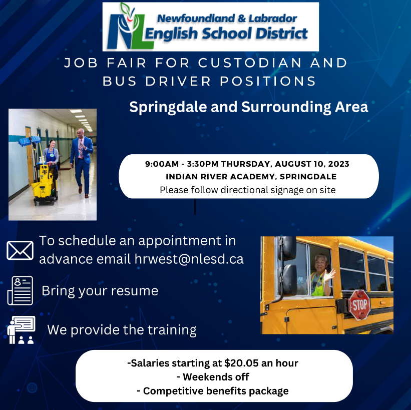 The NLESD is having a job fair in SPRINGDALE at Indian River Academy on AUG 10 for bus drivers and school custodians. Get a head start before the fair: Create a profile, upload your resume. and arrange a general interview ahead of time. bit.ly/47grvfo