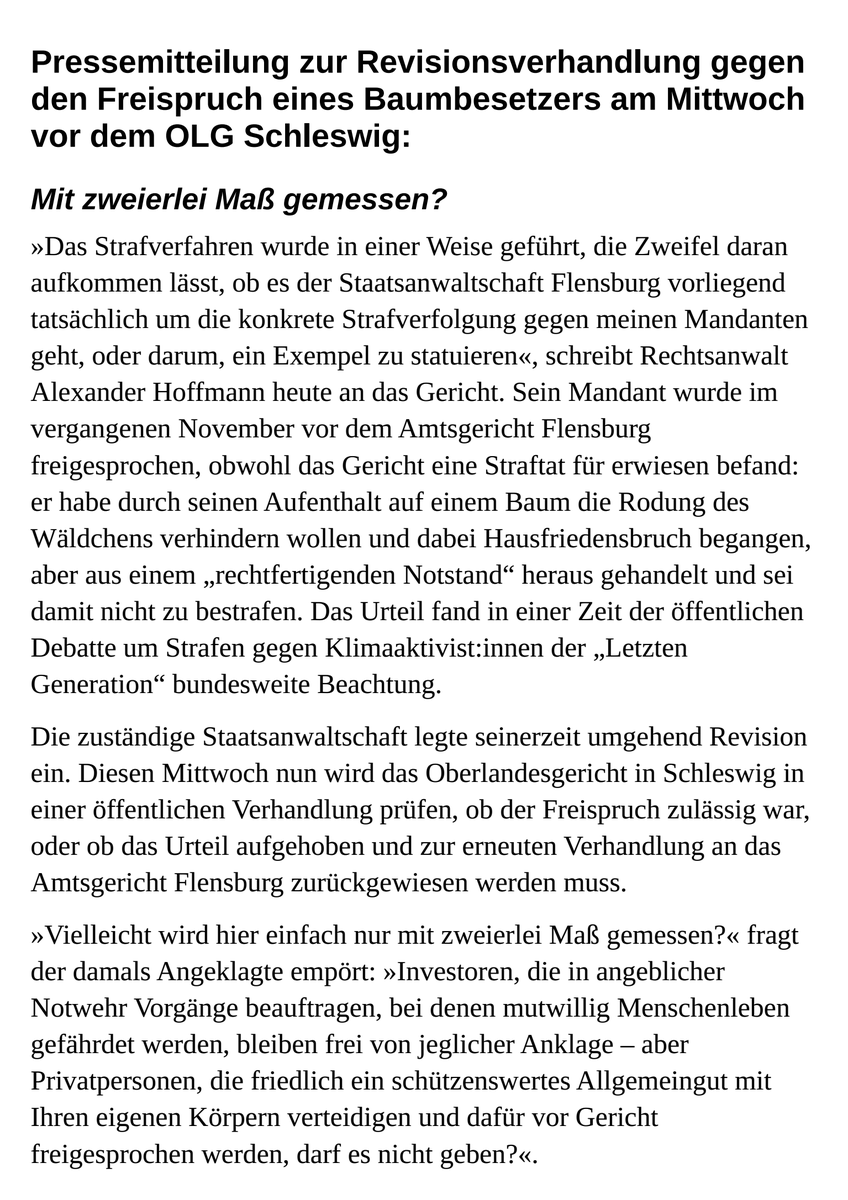 boomdorp's tweet photo. Morgen wird das OLG Schleswig die Revision der Staatsanwalt verhandeln, weil diese den #Freispruch eines Baumbesetzi nicht akzeptieren will.
Solidarische Unterstützung in und vor der Brockdorff-Rantzau-Straße 13 wird begrüßt.
Dazu erreichte uns folgende Presseerklärung: https://t.co/pc6m8m0T1J