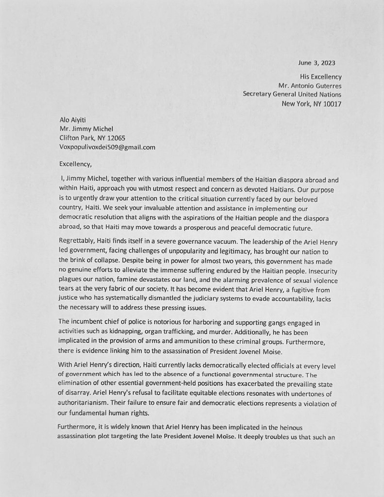 MyPantera27's tweet photo. @AmbDanFoote @ChineseEmbinUS @antonioguterres @elonmusk @jacksonhinkle @RobertKennedyJr @Julius_S_Malema I would like to inform the world that the Haitian diaspora has sent letters to the United Nations, addressing the issue of Haiti's problems being attributed to PM A Henry https://t.co/soFI5IIuni