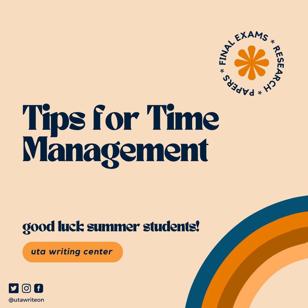 UTAWriteOn's tweet photo. Managing more than one task this summer? Check out our tips for how to manage your time effectively. Our consultants can help you create a plan for prioritizing work and getting projects done. #uta #graduatesupport #academicsupport #gradschool #finalexams https://t.co/oKc31DhefA