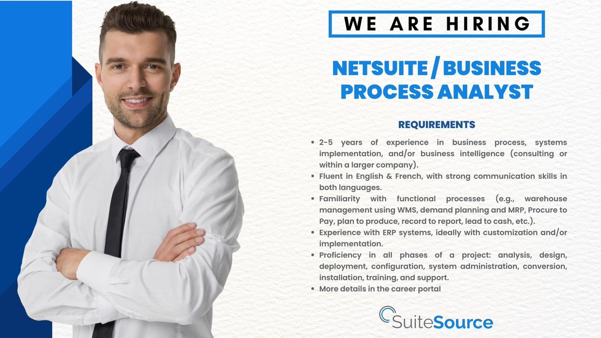 Are you a skilled and proactive individual with experience in NetSuite ERP and business process analysis?  Join our client's team as a NetSuite / Business Process Analyst. ➡️ow.ly/ChFC50PkNKl
#SuiteSourceJobs #NetSuite  #BusinessProcessAnalyst #ERPJobs #TechJobs #HiringNow