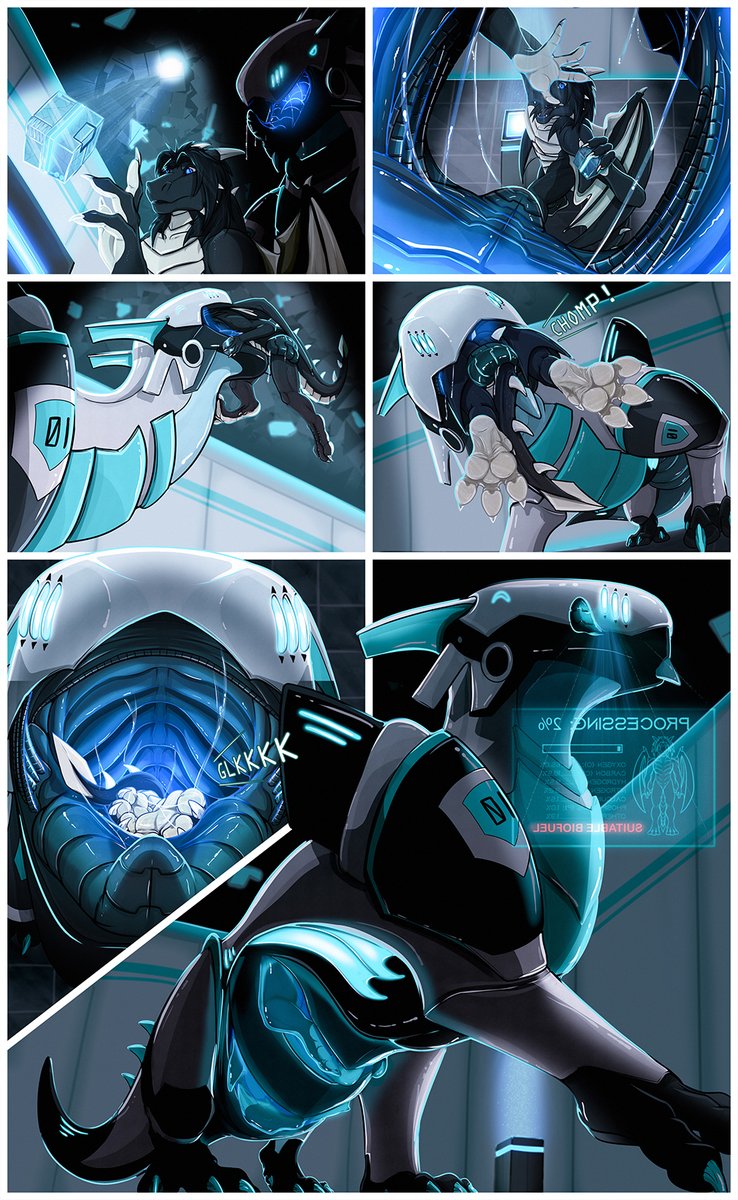 ❗️CW: Vore❗️

My yearly comic project. Raketh finds himself in a strange world, and the occupant doesn’t take too kindly to thievery…

#VoreDay #Furryart featuring <a href="/WinterDragon511/">WinterDragon</a>'s synth, Unit-1. FA linked in 🧵, which also has a story and links to the second page.