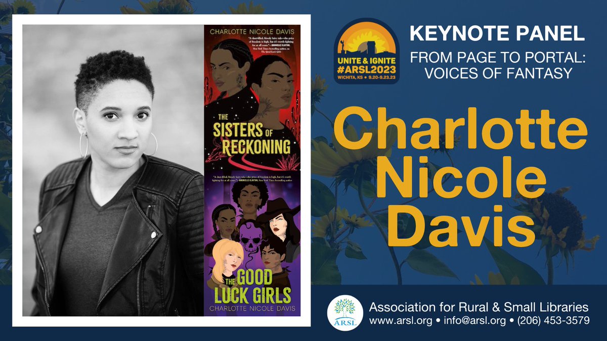 RuralLibAssoc's tweet image. Today&apos;s #ARSL2023 keynote announcement: Charlotte Nicole Davis, author of the GOOD LUCK GIRLS duology &amp;amp; other critically acclaimed works for young adults

Originally from Kansas City, Charlotte (any/all) moved to NYC to get their MFA in Writing for Children from The New School