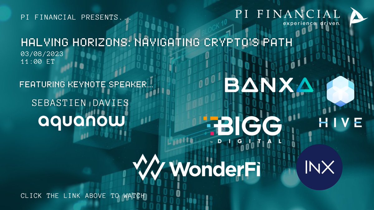 Did you miss us? 
No need to fret! Our #𝘏𝘢𝘭𝘷𝘪𝘯𝘨 𝘏𝘰𝘳𝘪𝘻𝘰𝘯𝘴 webinar has been posted to our website! We had some very interesting ideas on #Bitcoin &amp; what to expect on the upcoming #Halving Session☄️💡
rb.gy/j3p9r 
$BIGG $HIVE $INXD $BNXA $WNDR
<a href="/aquanow/">Aquanow</a>