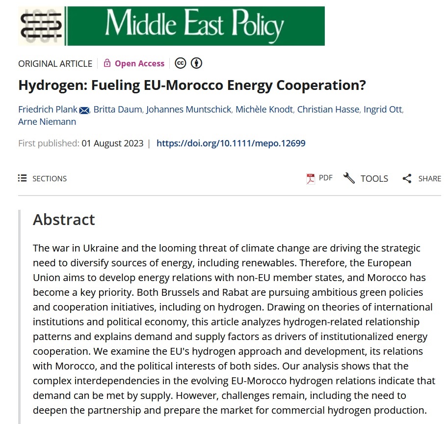 Our new @clean_circles @TUDarmstadt OA article sets out to trace interdependencies and patterns of demand and supply in the #hydrogen #energyrelationship between #Morocco and #EU doi.org/10.1111/mepo.1…