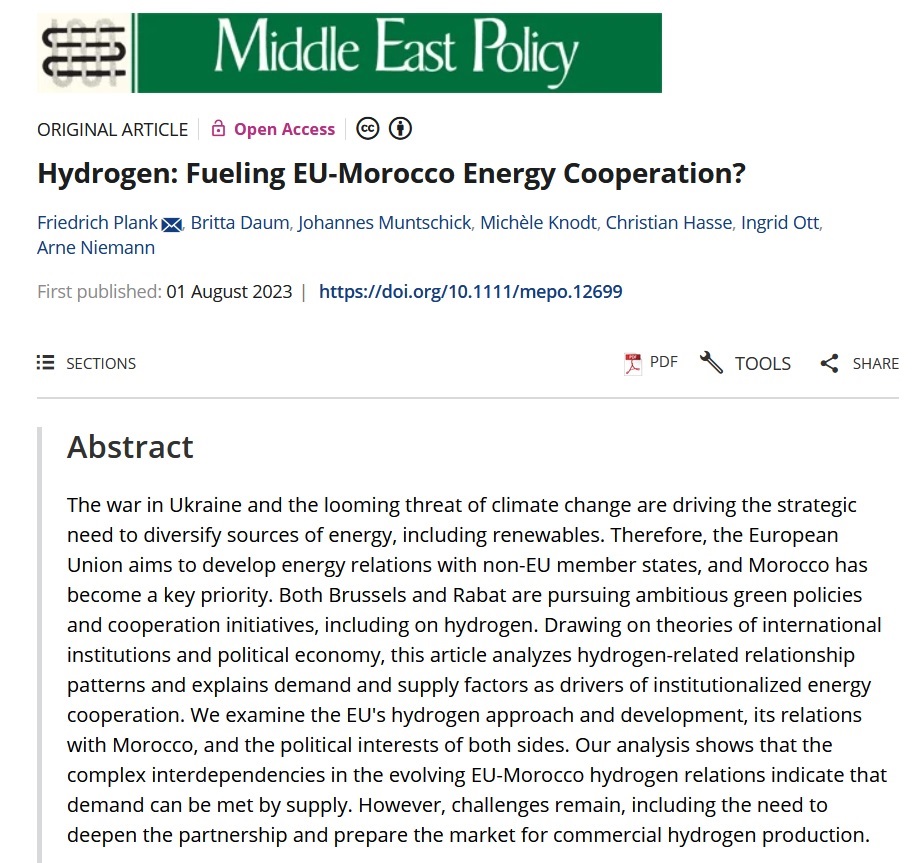 michele_knodt's tweet photo. Our new @clean_circles @TUDarmstadt OA article sets out to trace interdependencies and patterns of demand and supply in the #hydrogen #energyrelationship between #Morocco  and #EU https://t.co/AsXfGYT3kt https://t.co/5EuWYFhHUk