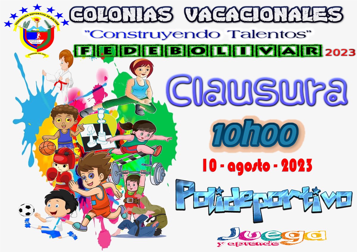 fedebolivar_ec's tweet photo. FEDERACIÓN DEPORTIVA PROVINCIAL DE BOLÍVAR.
Invita a la clausura de las colonias vacacióneles denominada “ Construyendo Talentos” , este 10 de agosto de 2023, en las instalaciones del polideportivo de Fedebolivar. https://t.co/diV4UAD0bX