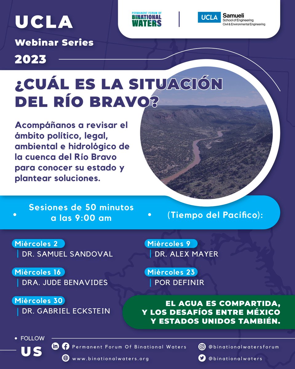 No te pierdas este ciclo de webinars de la UCLA y el PFBW donde analizaremos  la situación actual del Río Bravo. 

🔍 CONÉCTATE MAÑANA: bit.ly/3q8OOaz

📅 MIÉRCOLES 9 DE AGOSTO A LAS 9:00 am (Tiempo del Pacífico):

💡 El agua es compartida, y los desafíos también