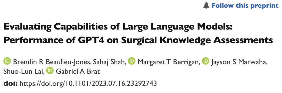 Jayson Marwaha, MD MSc (@jayson_marwaha) on Twitter photo Do LLMs exhibit surgical reasoning capabilities? In our latest <a href="/SurgInformatics/">Surgical Informatics Lab</a> Lab work, GPT4 not only scores well on advanced surgical test qs & cases, but can also *explain/articulate* its logic. The latter will be key in harnessing its real-world utility for surgeons & pts. Do LLMs exhibit surgical reasoning capabilities? In our latest <a href="/SurgInformatics/">Surgical Informatics Lab</a> Lab work, GPT4 not only scores well on advanced surgical test qs & cases, but can also *explain/articulate* its logic. The latter will be key in harnessing its real-world utility for surgeons & pts.