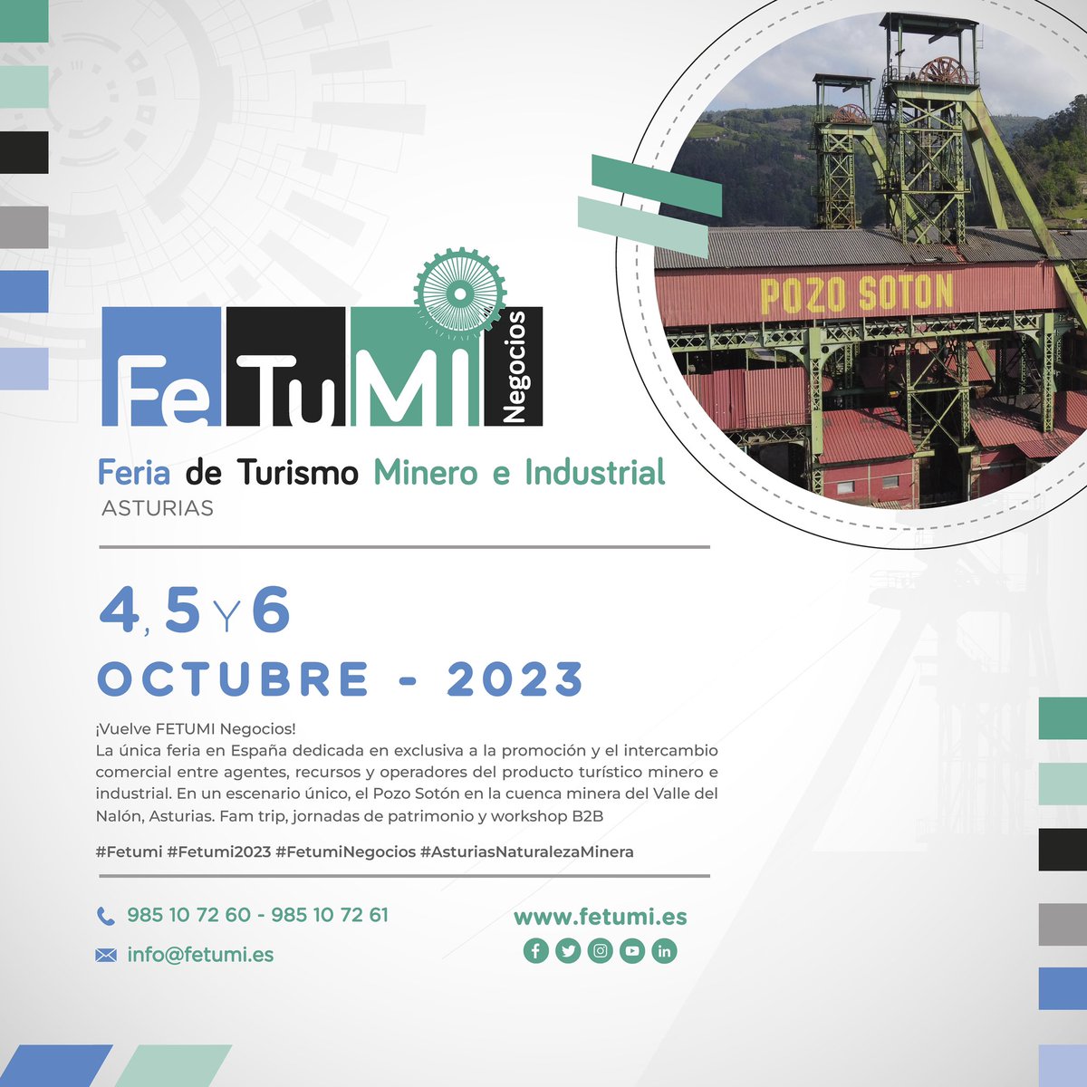 FETUMI Negocios (@fetumiferia) on Twitter photo ¡Ya en marcha la 7ª edición de <a href="/Fetumi/">Fetumi Khasan</a>, Feria de Turismo Minero e Industrial organizada por #GrupoHunosa! ¿Cuándo? 4, 5 y 6 octubre en el #PozoSotón En nuestras RRSS y en lwww.fetumi.es actualizaremos la info. ¡Síguenos! #FetumiNegocios #TurismoIndustrial #TurismoMinero ¡Ya en marcha la 7ª edición de <a href="/Fetumi/">Fetumi Khasan</a>, Feria de Turismo Minero e Industrial organizada por #GrupoHunosa! ¿Cuándo? 4, 5 y 6 octubre en el #PozoSotón En nuestras RRSS y en lwww.fetumi.es actualizaremos la info. ¡Síguenos! #FetumiNegocios #TurismoIndustrial #TurismoMinero