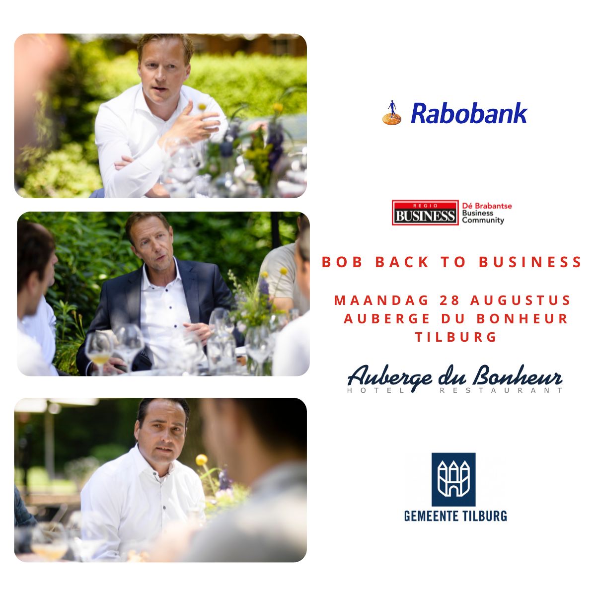 RegioBusiness's tweet photo. Hoe maak jij jouw bedrijf #futureproof? Deze vraag werd ook gesteld aan de loyale partners van BOB Back to Business. We vieren het ondernemerschap met zo’n 600 ondernemers op maandag 28 augustus ➡️ https://t.co/29Nr02aGsP  

#evenement #futureproof #partner #floreren https://t.co/KpkCylxZYc