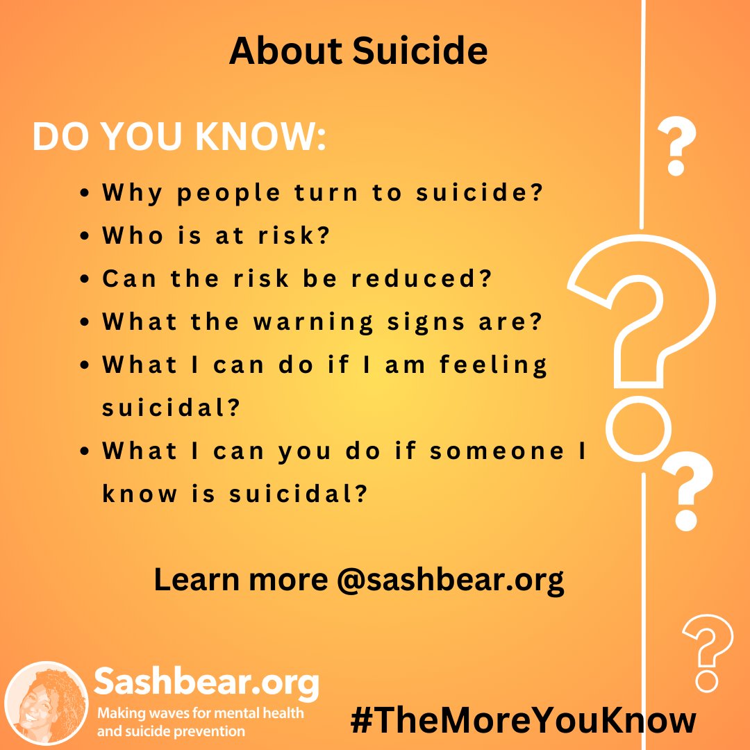 SashbearOrg's tweet image. Do you know why people turn to suicide? Or who is at risk and what you can do to help? 

Learn more at Sashbear buff.ly/3K9K4br 

DISTRESS LINES:
Talk Suicide 1-833-456-4566 
Kids Help Phone 1-800-668-6868 

#TheMoreYouKnow #EndTheStigma #SuicidePrevention #BPD #DBT