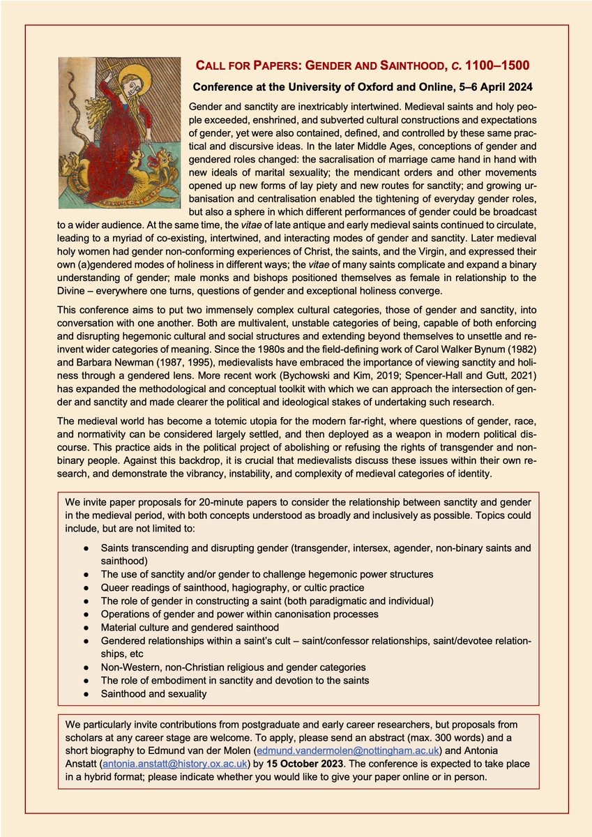 I am absolutely delighted to be co-organising this conference with <a href="/divisivesaints/">Ed van der Molen</a>. Want to discuss any aspect of sainthood and gender between 1100-1500? This is the conference for you! 5-6 April 2024, at the University of Oxford and online. Please do share! #medievaltwitter