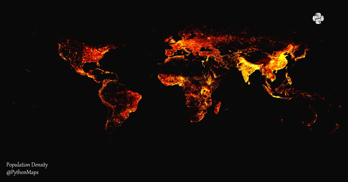Love this fiery view of global population density by @pythonmaps. The Australian east coast looks like an archipelago. African population centers pop out nicely. Canada, do you even exist? Let’s also play a game of can you spot the trans Siberian railroad corridor?
