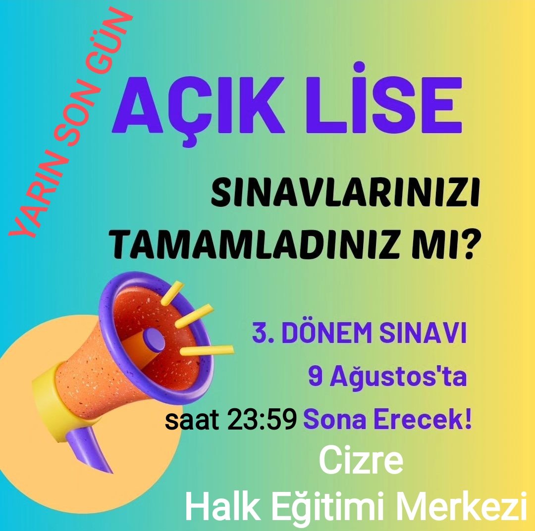 cizrehem's tweet photo. Açık lise açık öğretim ortaokulu 3. Dönem sınavı devam ediyor. Sınav 9 Ağustos 2023 Saat 23.59'da sona erecek. SINAVLARINIZI TAMAMLADINIZ MI? #açıköğretim #açıklise #lise #aol #esinav #onlinesınav https://t.co/X6PR2kj18h