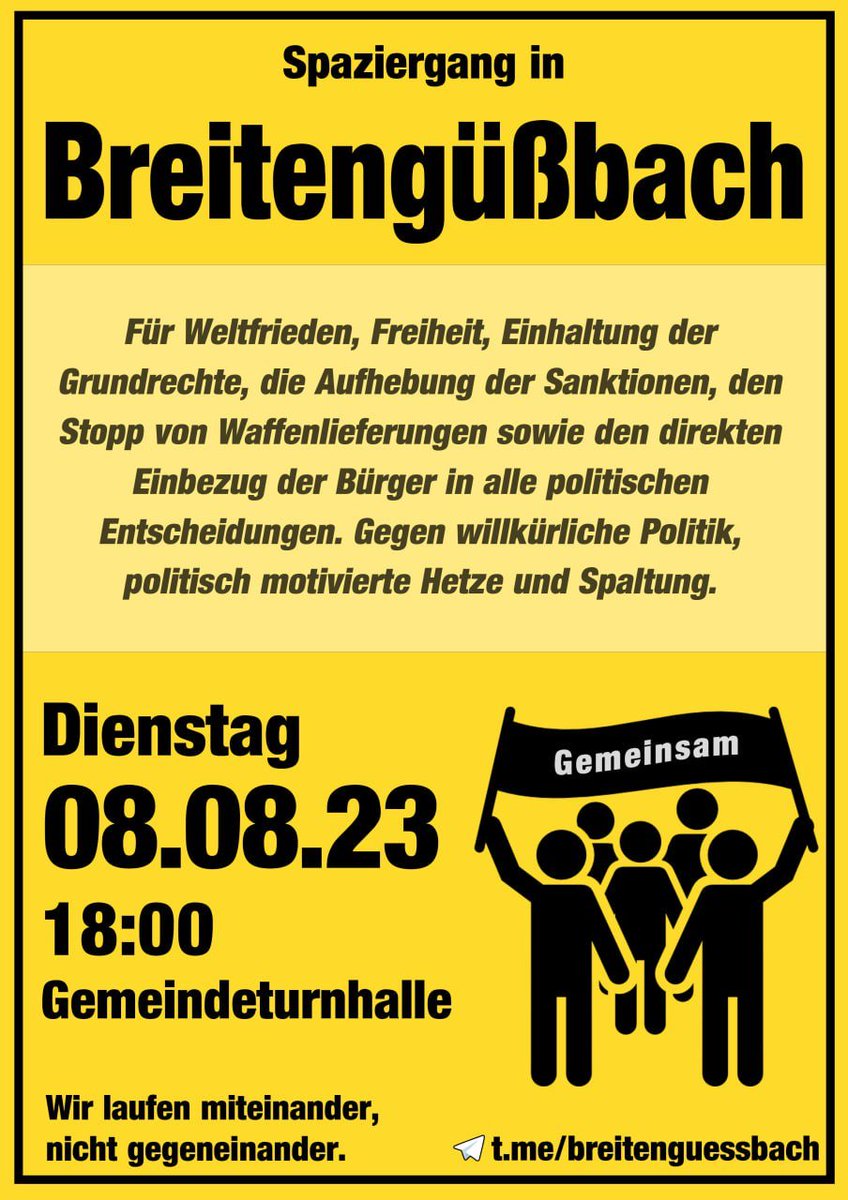 #Breitengüssbach (#Bayern) #BA0808
#Demo #Demonstration #Protest

Für #Weltfrieden #Freiheit 
Einhaltung der #Grundrechte,die Aufhebung der #Sanktionen, den Stopp von #Waffenlieferungen sowie den direkten Einbezug der #Bürger in alle politischen Entscheidungen.