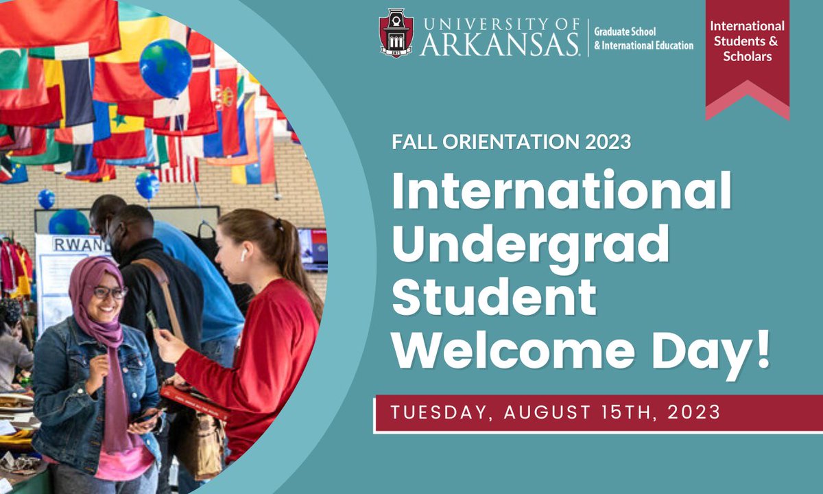 THIS TUESDAY: Orientation is hosted by @uaiss to welcome new international undergrad students to campus, connect to local resources, &amp; start their journey of belonging at the University of Arkansas! 🎉 For more details, visit ➡️ tinyurl.com/infointl #UARK #UniversityOfArkansas