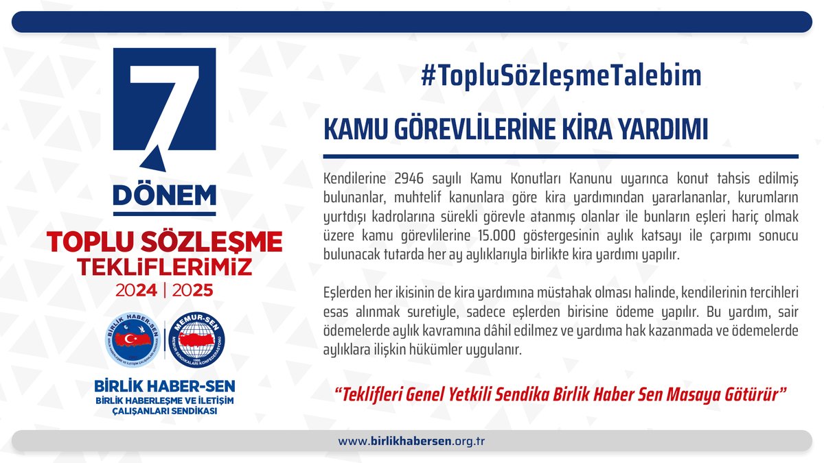 #TopluSözleşmeTalebim kamu görevlilerine kira yardımı yapılması.

<a href="/csgbakanligi/">T.C. Çalışma ve Sosyal Güvenlik Bakanlığı</a> <a href="/HMBakanligi/">T.C. Hazine ve Maliye Bakanlığı</a> <a href="/PTTKurumsal/">PTT AŞ</a> <a href="/TRTKurumsal/">TRT Kurumsal</a> <a href="/BTKKurumsal/">BTKKurumsal</a> <a href="/rtukkurumsal/">RADYO VE TELEVİZYON ÜST KURULU</a> <a href="/iletisim/">T.C. İletişim Başkanlığı</a>