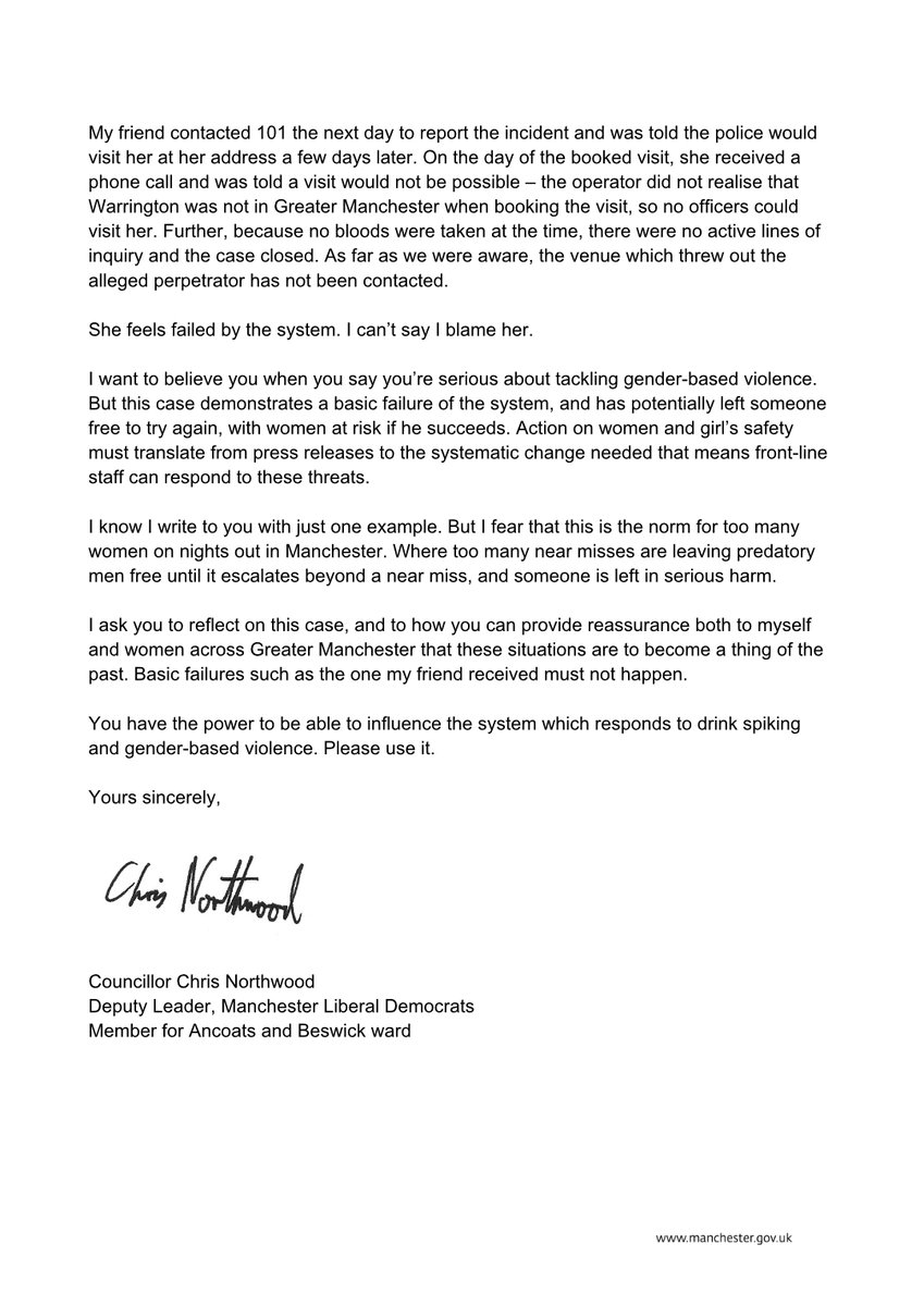 This evening I've written to <a href="/MayorofGM/">Mayor of Greater Manchester</a> Andy Burnham, an open letter about the experience of a friend who was potentially spiked on a night out, and let down by the police and health system. We must do better to protect women from predatory men. I look forward to his response.