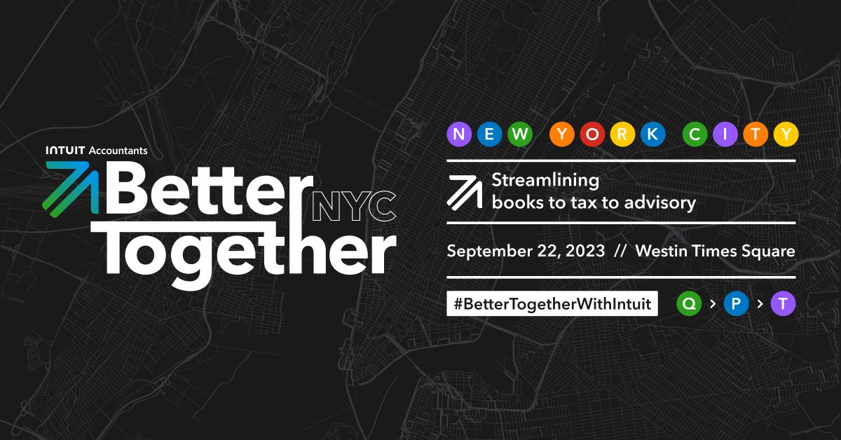 Join us for our Better Together NYC event!   

Learn more about how to leverage the power of Intuit's professional #tax workflow to elevate your business. #BetterTogetherWithIntuit 

Register here ➡️ intuit.swoogo.com/bettertogether