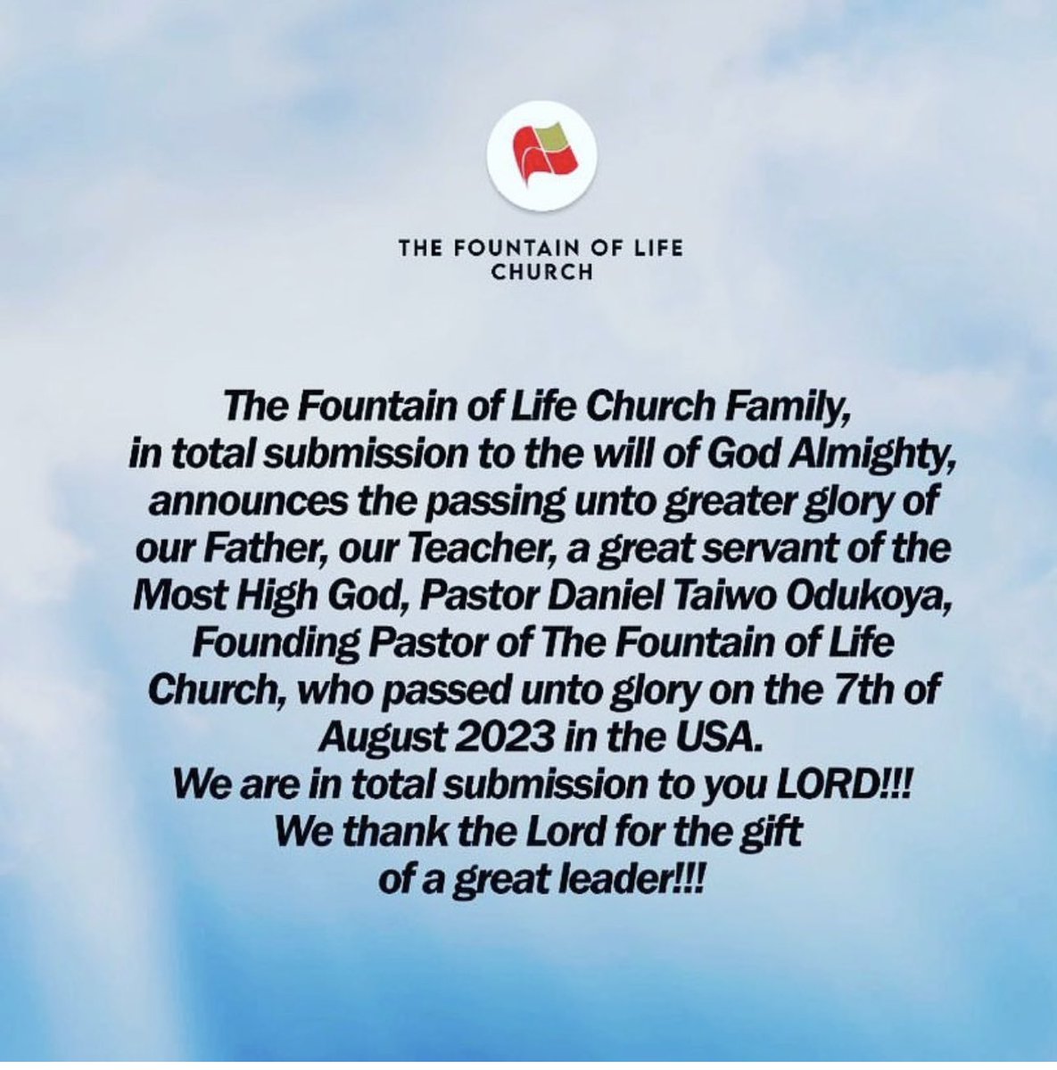 ayomairoese's tweet photo. Pastor Taiwo Odukoya and the Fountain of Life church have blessed my life tremendously. This is such sad sad news. I pray for the Odukoya family, the TFOLC family and the body of Christ. May God comfort and strengthen all in Jesus name 🙏🏾 https://t.co/ENCdtsPPLw