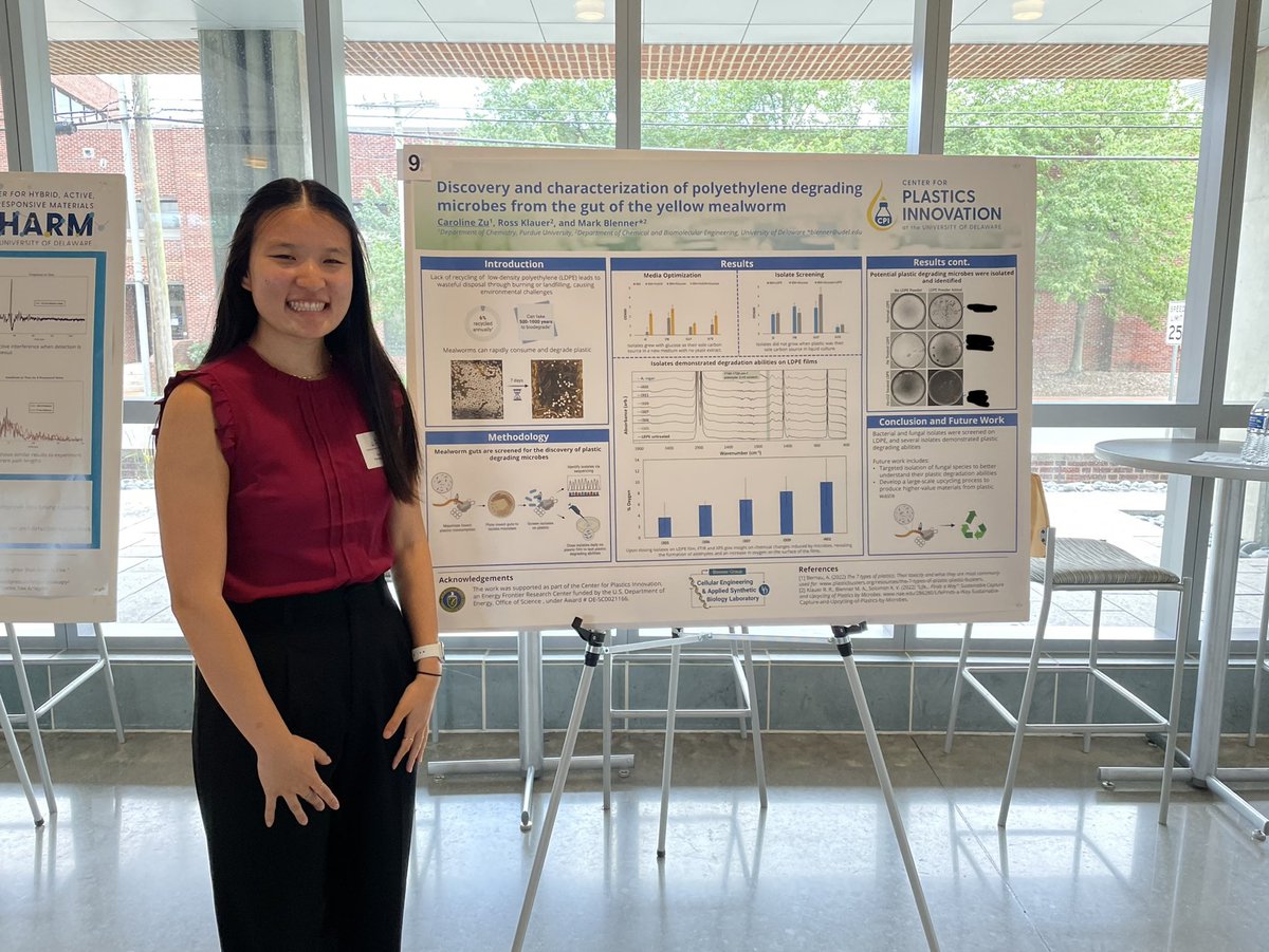 Undergraduate researcher Caroline Zhu from ⁦<a href="/LifeAtPurdue/">Purdue University</a>⁩ joined us this summer ⁦<a href="/UDChBE/">Delaware ChBE</a>⁩ through the ⁦<a href="/UD_CPI/">Center for Plastics Innovation (CPI)</a>⁩ REU program. She did some exciting work on Nobel plastic degrading microbes.