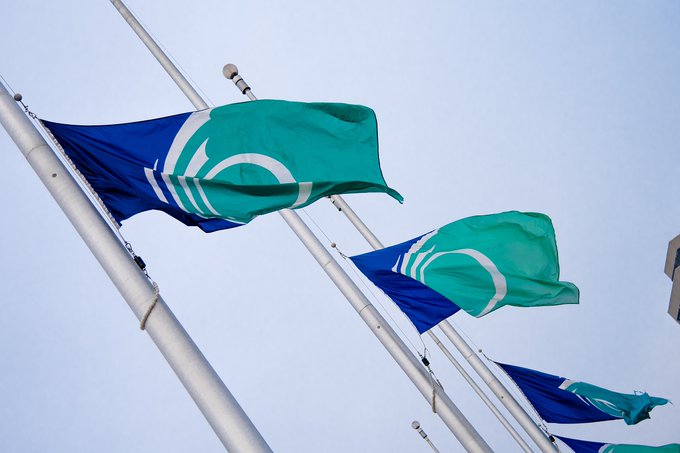 Un drapeau bleu et vert avec le logo de la ville d'Ottawa flotte à mi-mât. Un ciel gris et bleu est en arrière-plan. 