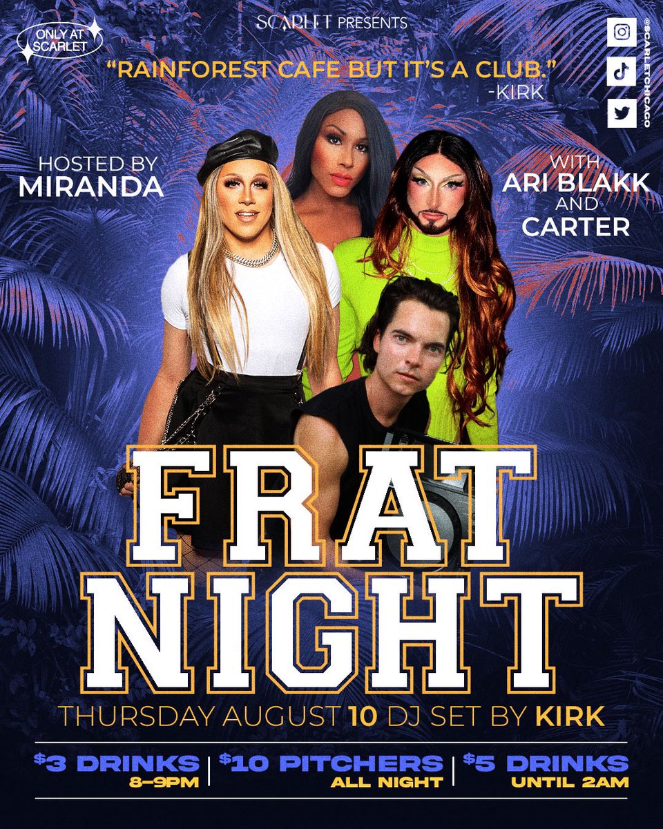 ScarletChicago's tweet photo. Thurs 8/10 ~ Doors open at 8pm for LANA DEL REY & MARINA Power Hours until 10pm! Followed by #FRATNIGHT with DJ @kirk_61! $1 well drinks 8-8:30pm! https://t.co/FfKIM4ColW