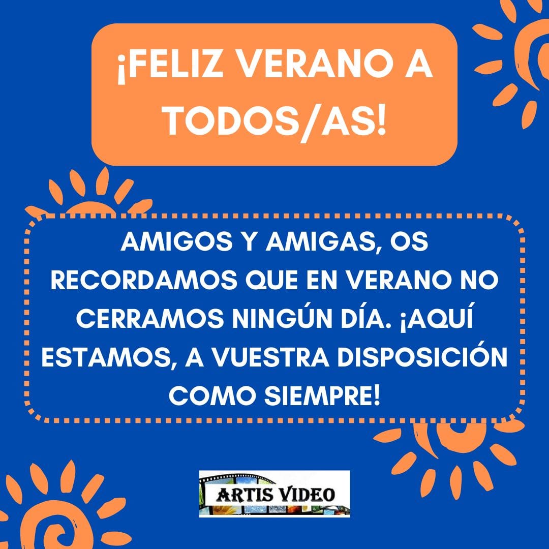 ArtisVideo1's tweet photo. Amigos y amigas, desde Artis Vídeo os deseamos de corazón que estéis pasando un verano fantástico!!! Nosotras seguimos como siempre operativas y a vuestra disposición. #ArtisVídeo #Distribución #Cortometrajes https://t.co/VrWtgDZ0OX